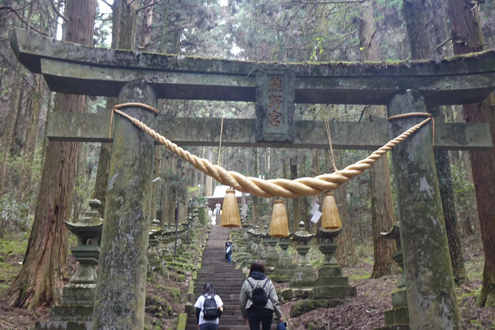 杉林深處的二之鳥居，扁額刻著熊野宮