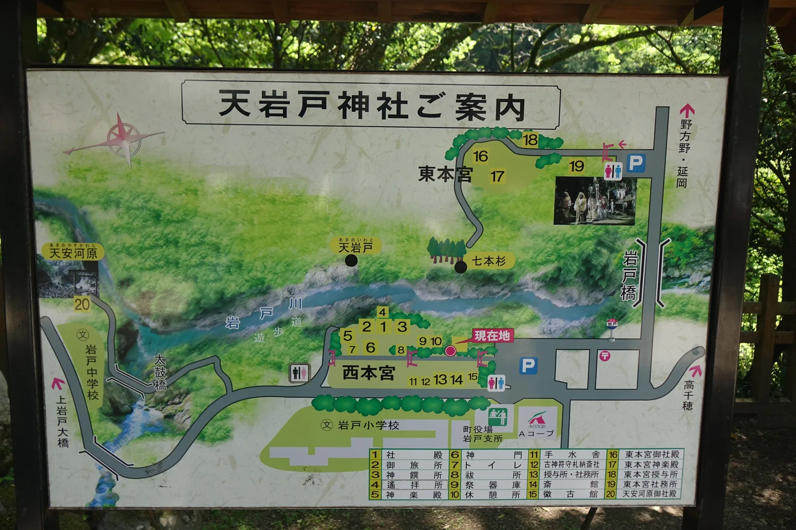 西本宮境內的現地案内板，畫出三宮與岩戶川的關係