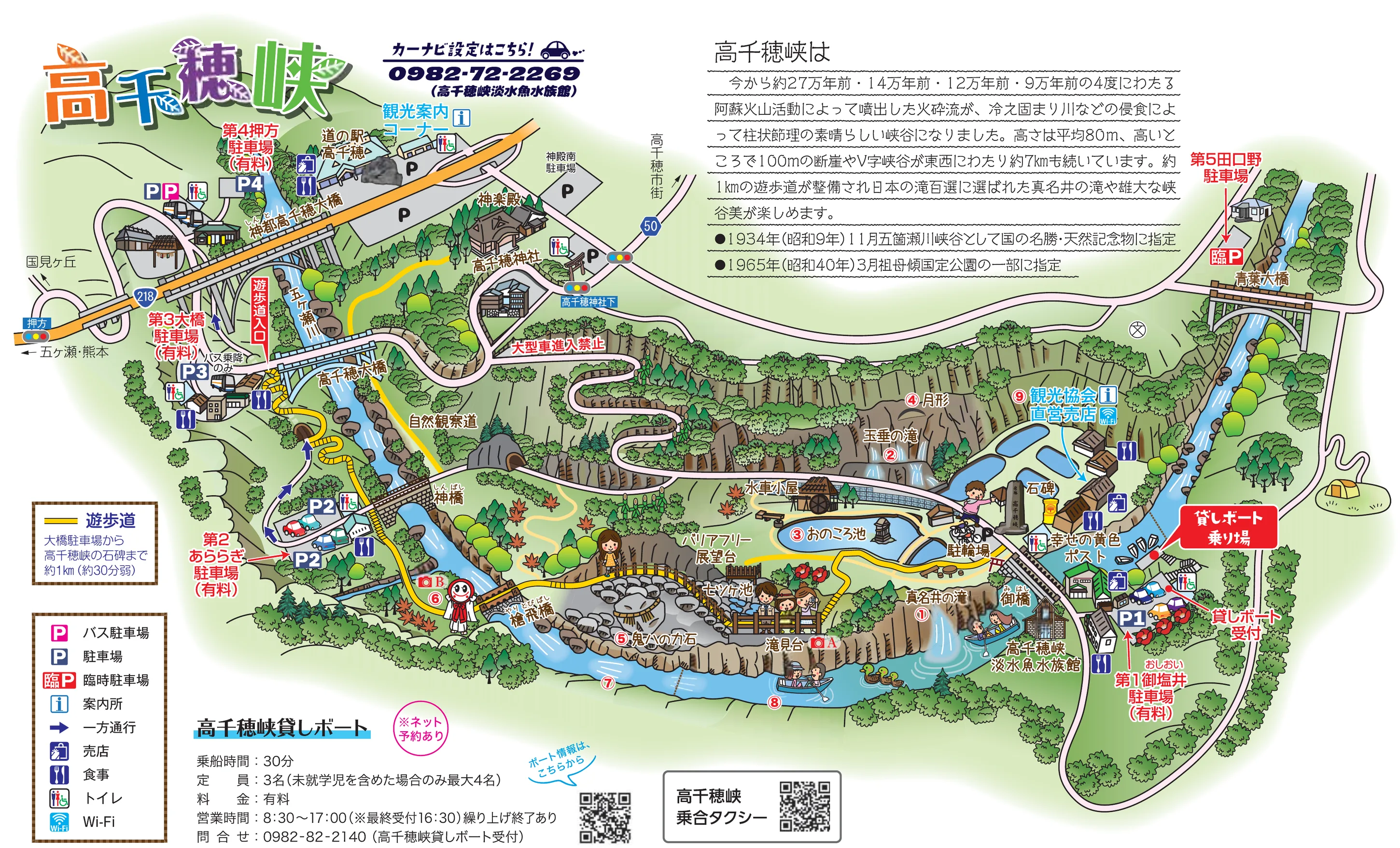 高千穗峽觀光圖，上緣是市街與高千穗神社，下方是被五ヶ瀬川切開的峽谷與遊步道